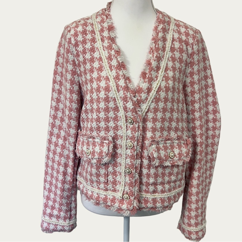 NWT She + Sky Pink and White Tweed Blazer Small Pearl Button Coquettecore Preppy